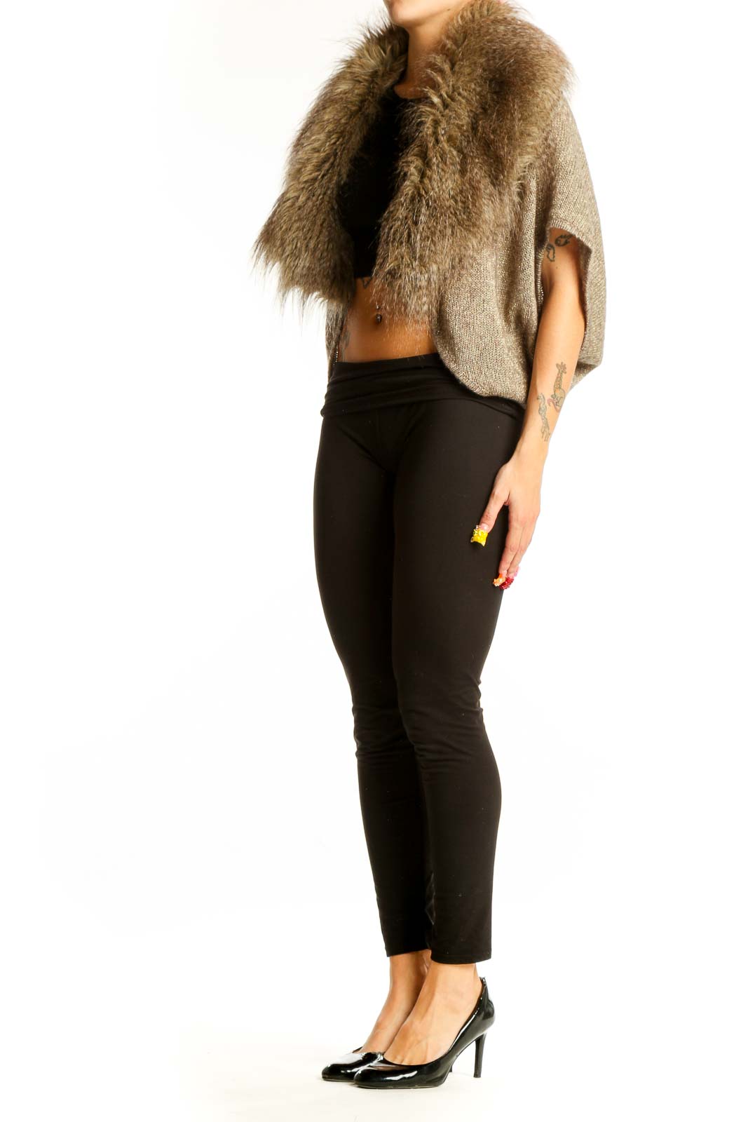 Front view of Cache brown faux fur collar cropped jacket
