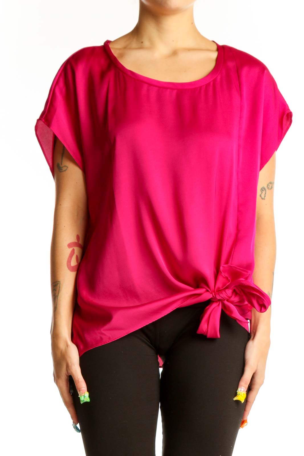 Front view of hot pink DKNY blouse with side-tie detail