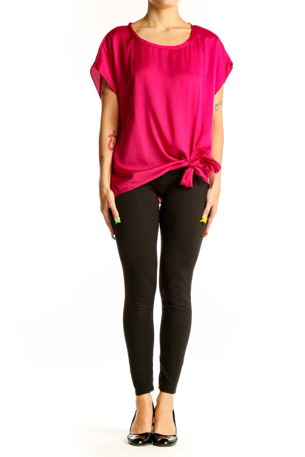 Front view of hot pink DKNY blouse with side-tie detail