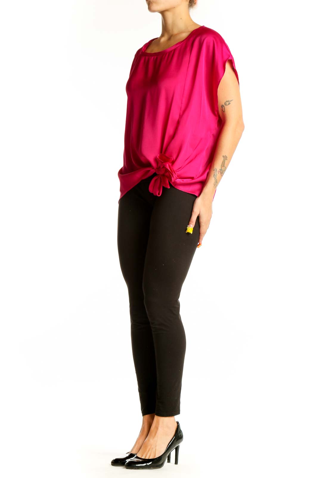 Front view of hot pink DKNY blouse with side-tie detail