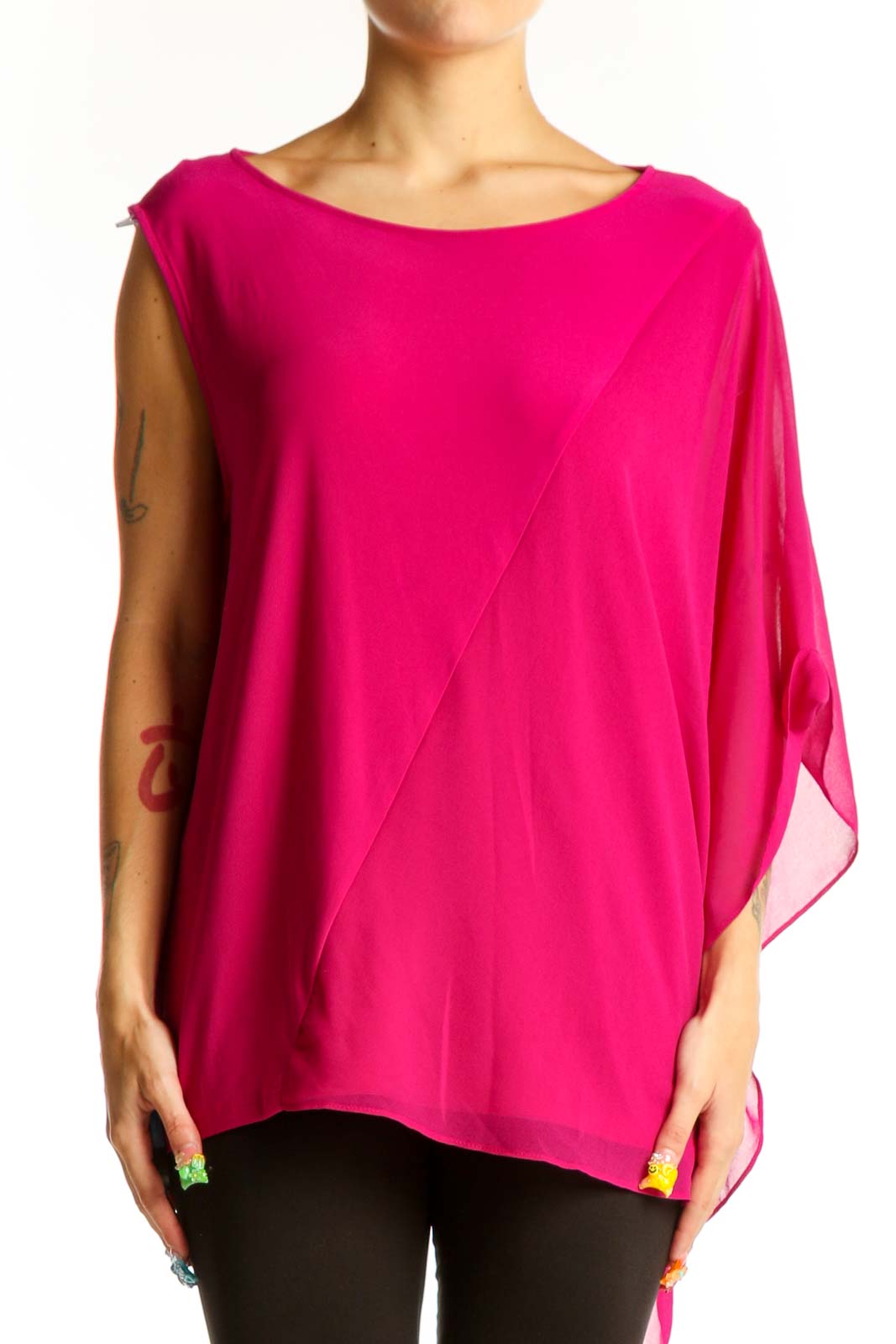 Front view of hot pink asymmetrical DKNY blouse
