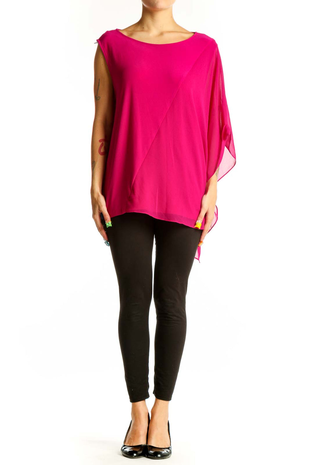 Front view of hot pink asymmetrical DKNY blouse
