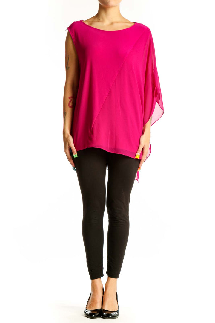 Front view of hot pink asymmetrical DKNY blouse