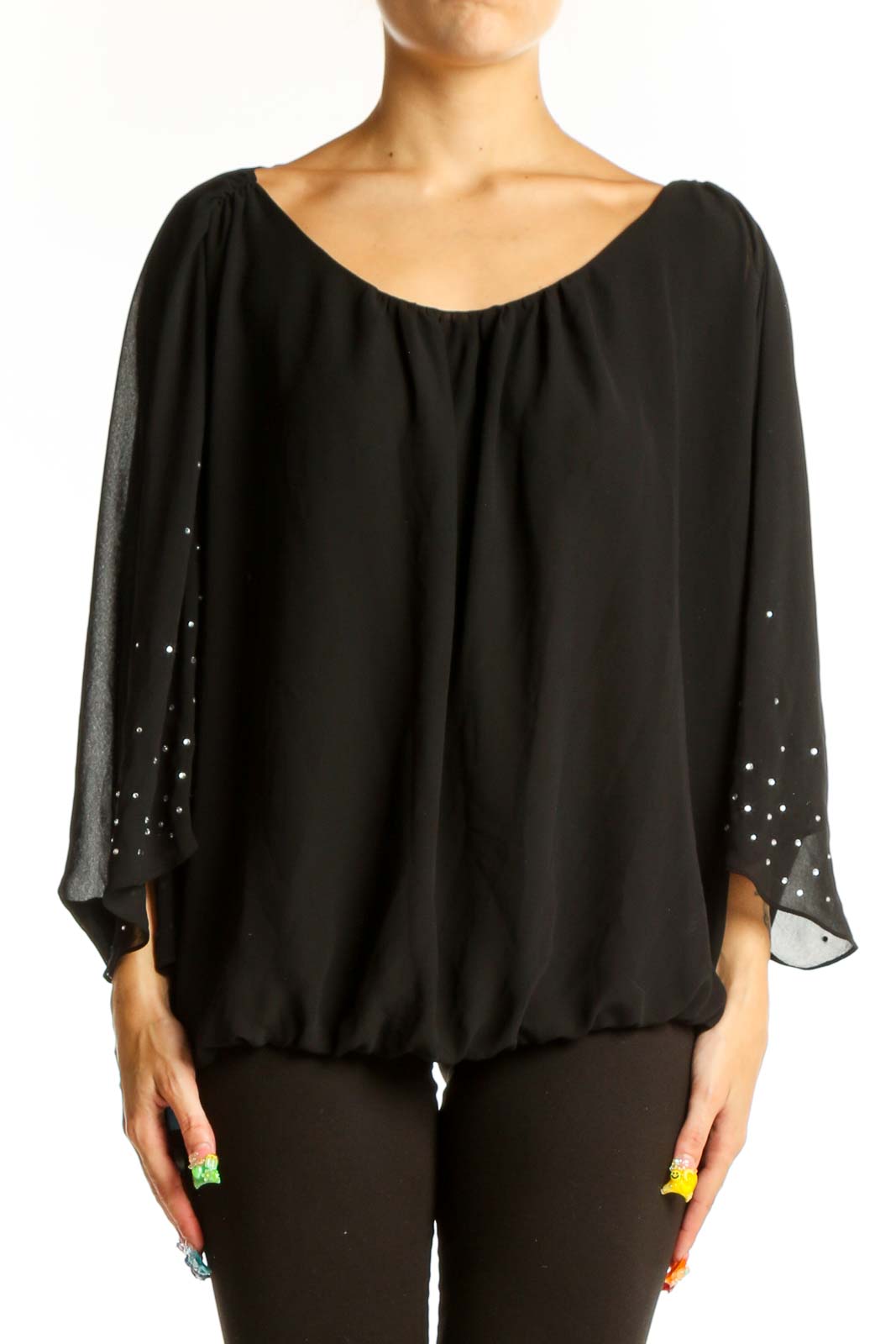 Front view of black SilkRoll blouse with rhinestone-embellished batwing sleeves