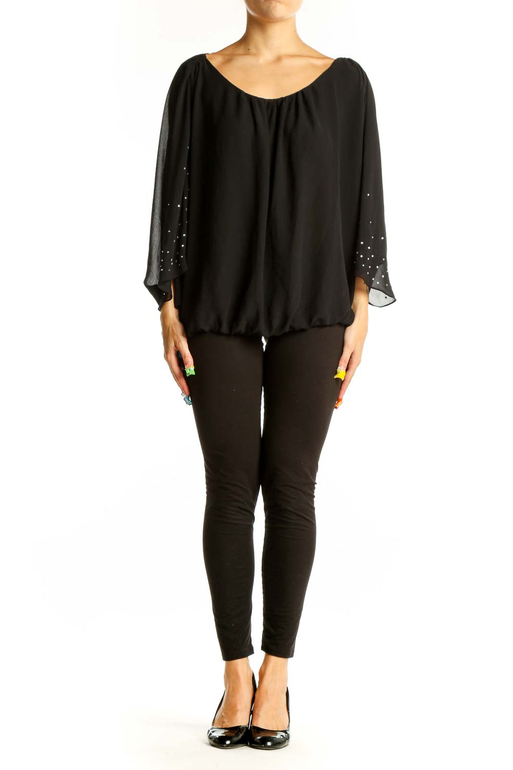 Front view of black SilkRoll blouse with rhinestone-embellished batwing sleeves
