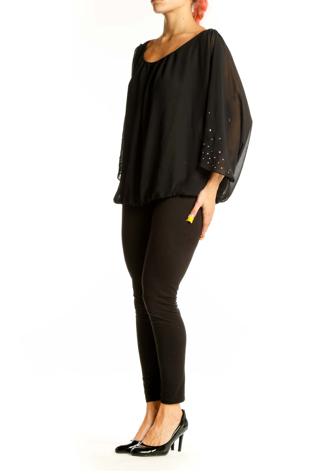 Front view of black SilkRoll blouse with rhinestone-embellished batwing sleeves