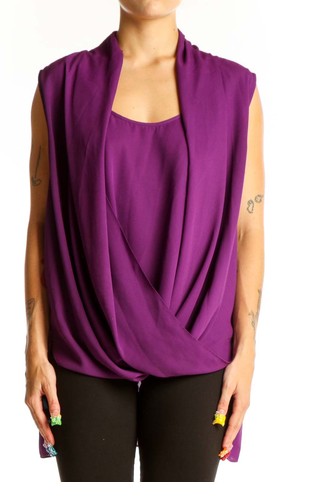 Front view of purple draped sleeveless blouse by Vince Camuto