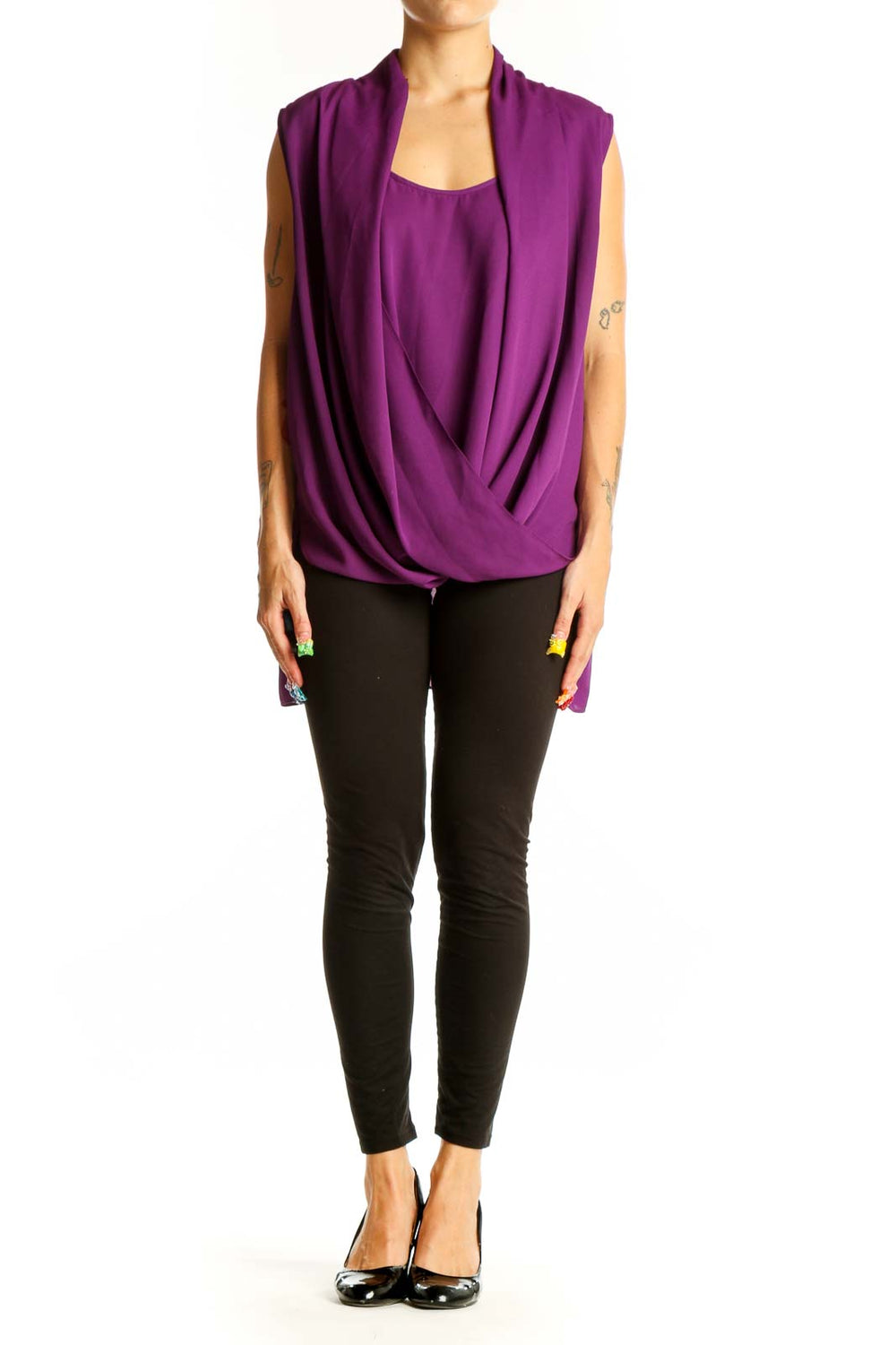 Front view of purple draped sleeveless blouse by Vince Camuto