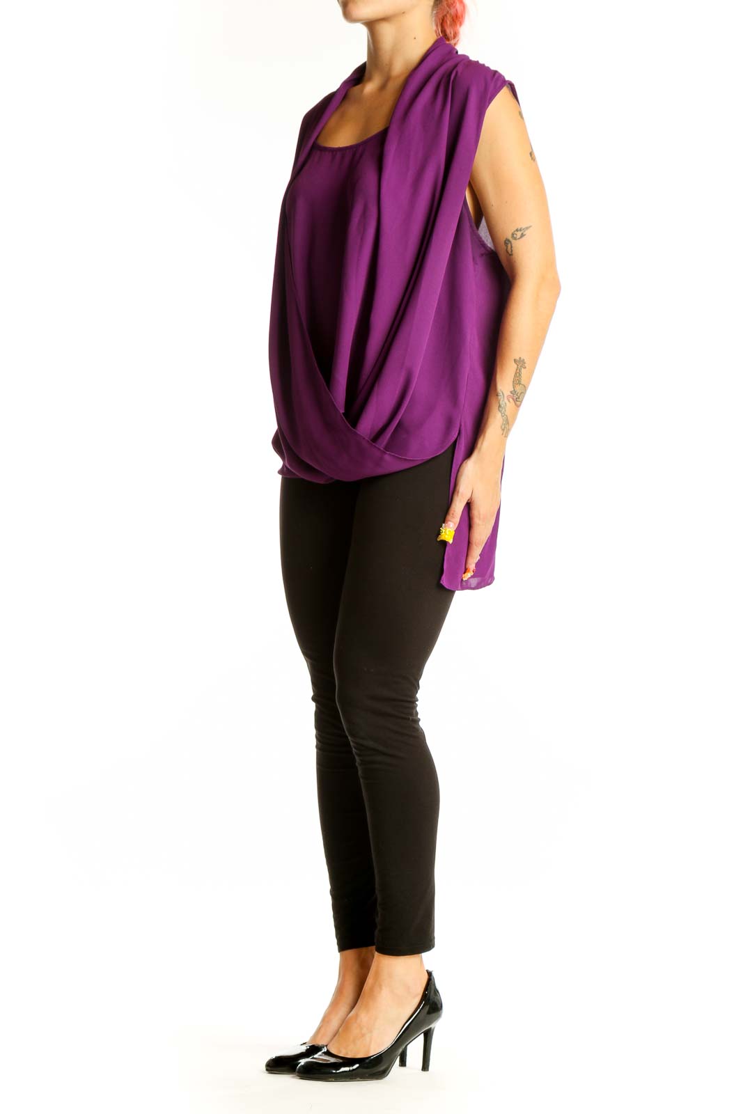 Front view of purple draped sleeveless blouse by Vince Camuto