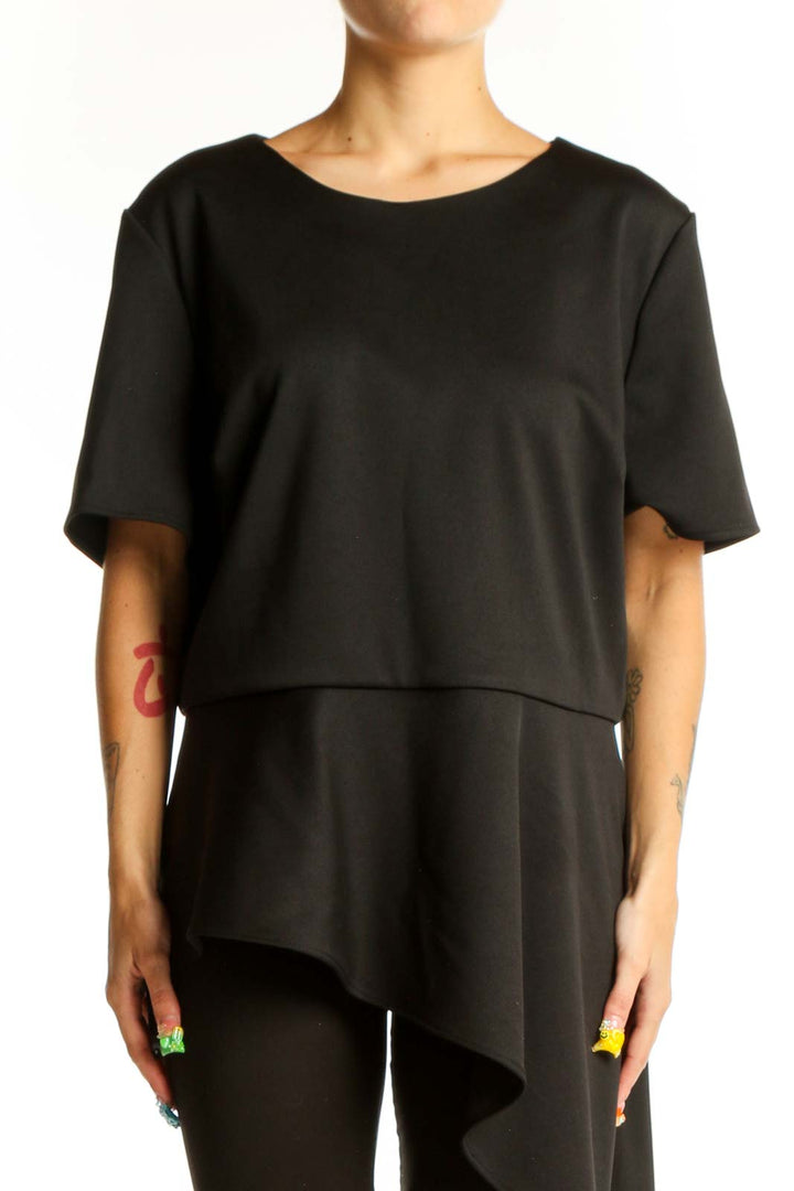 Front view of Vince Camuto black asymmetric layered polyester top