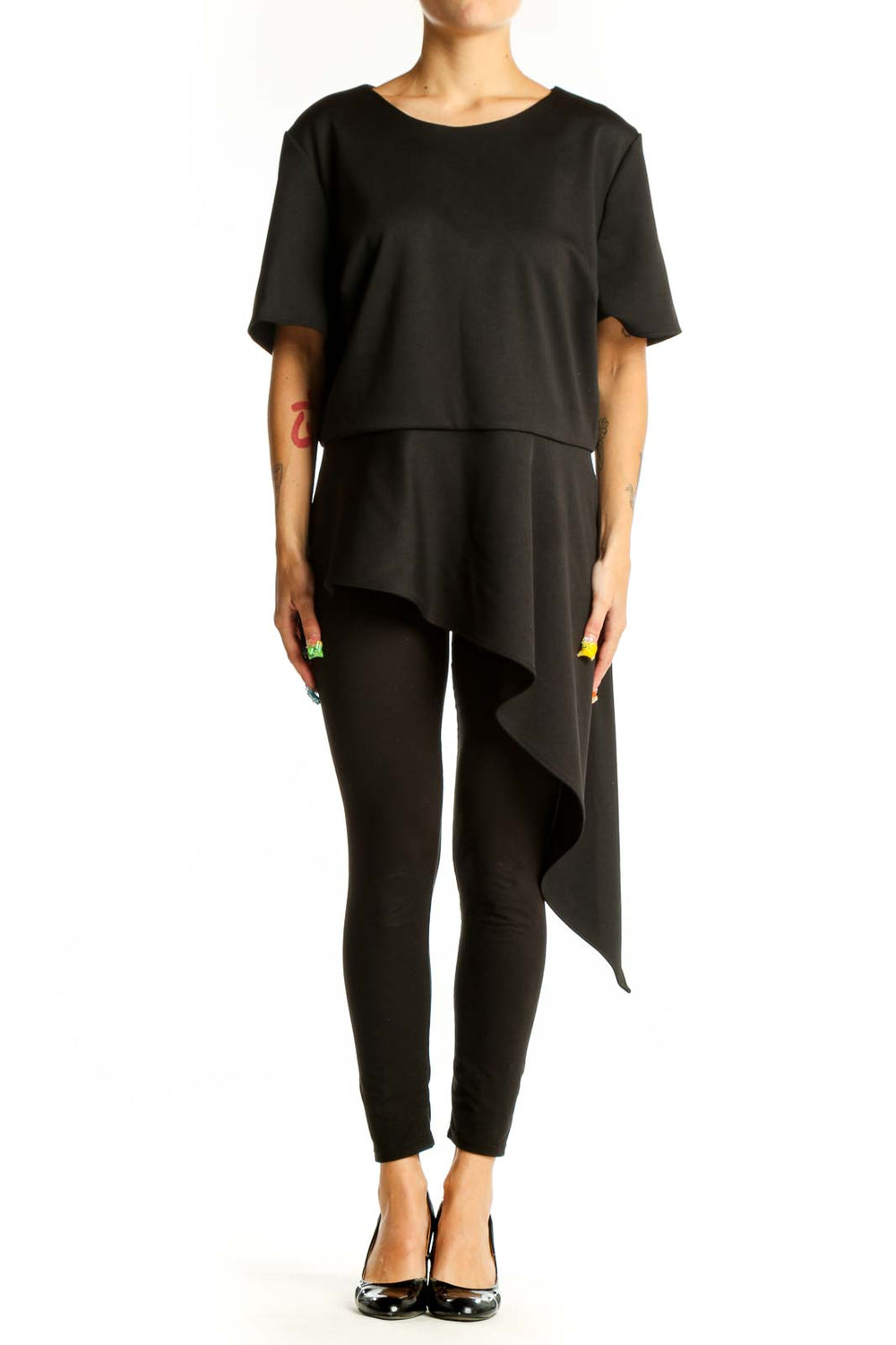 Front view of Vince Camuto black asymmetric layered polyester top