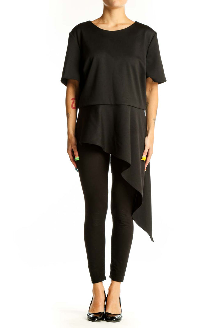 Front view of Vince Camuto black asymmetric layered polyester top
