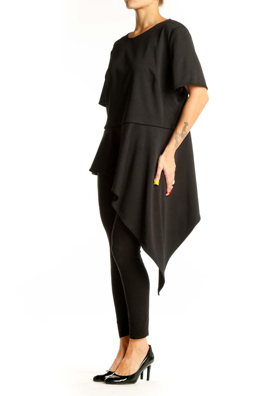 Front view of Vince Camuto black asymmetric layered polyester top