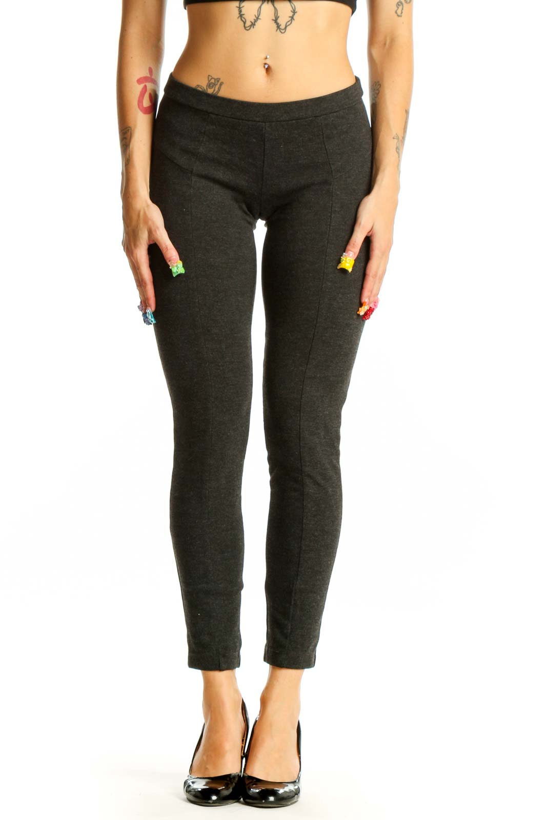 Front view of Theory charcoal slim fit ankle-length pants