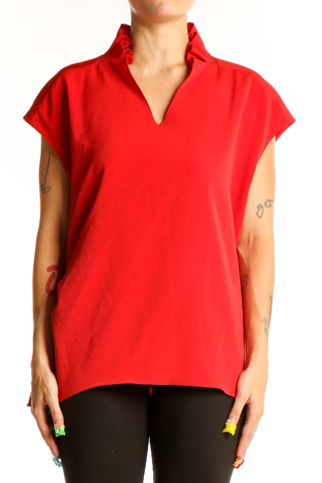 Front view of red Elie Tahari sleeveless blouse with V-neckline