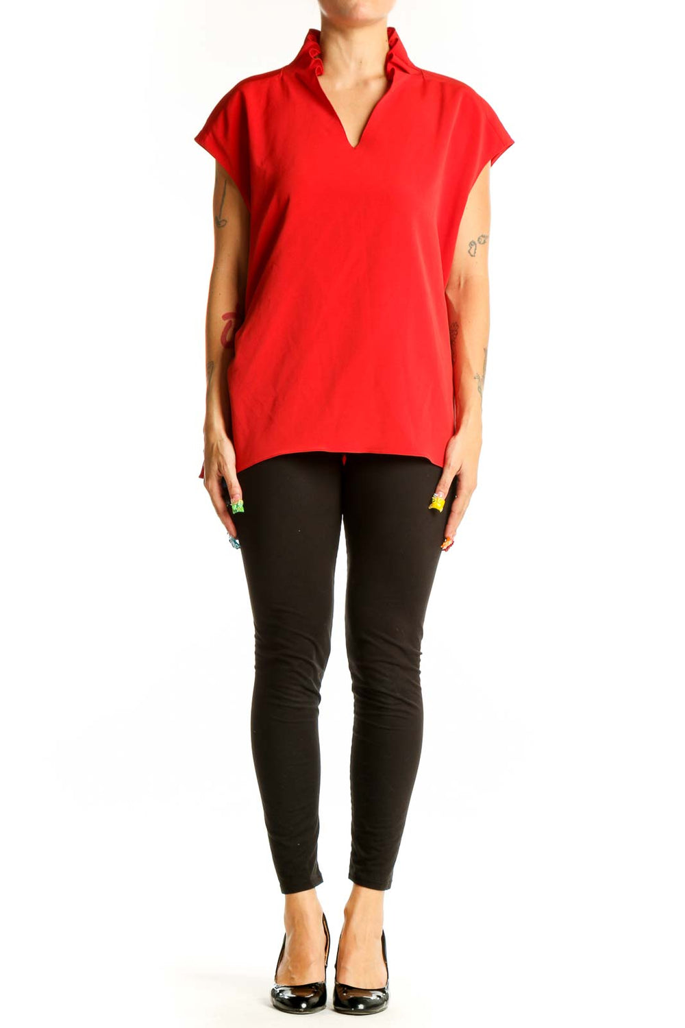 Front view of red Elie Tahari sleeveless blouse with V-neckline