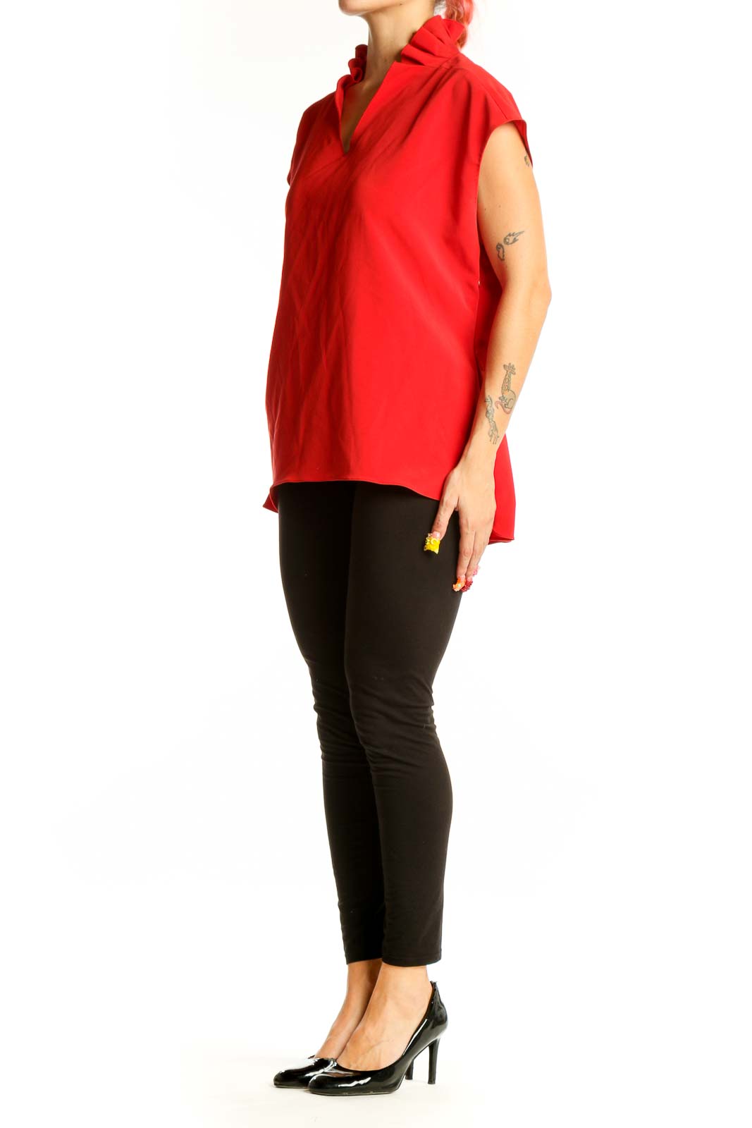 Front view of red Elie Tahari sleeveless blouse with V-neckline