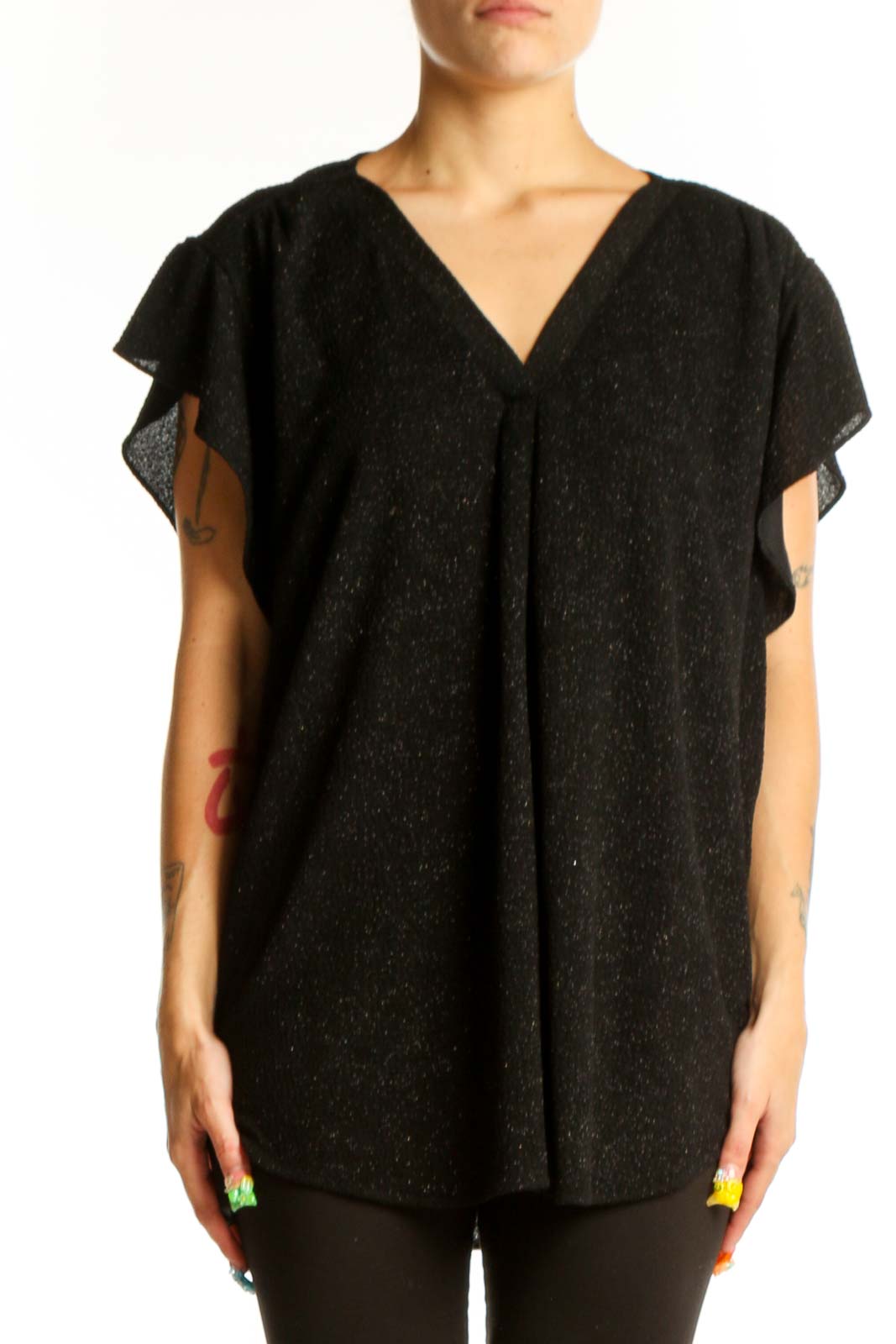 Front view of Vince Camuto black sparkly V-neck top with flutter sleeves