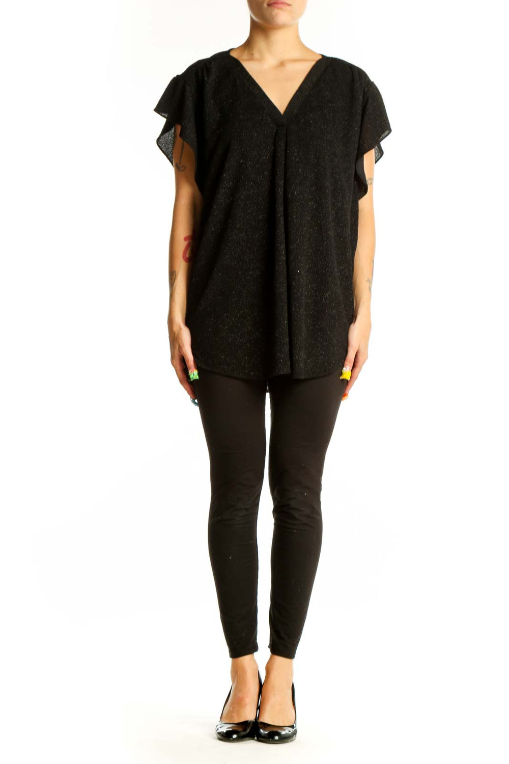 Front view of Vince Camuto black sparkly V-neck top with flutter sleeves