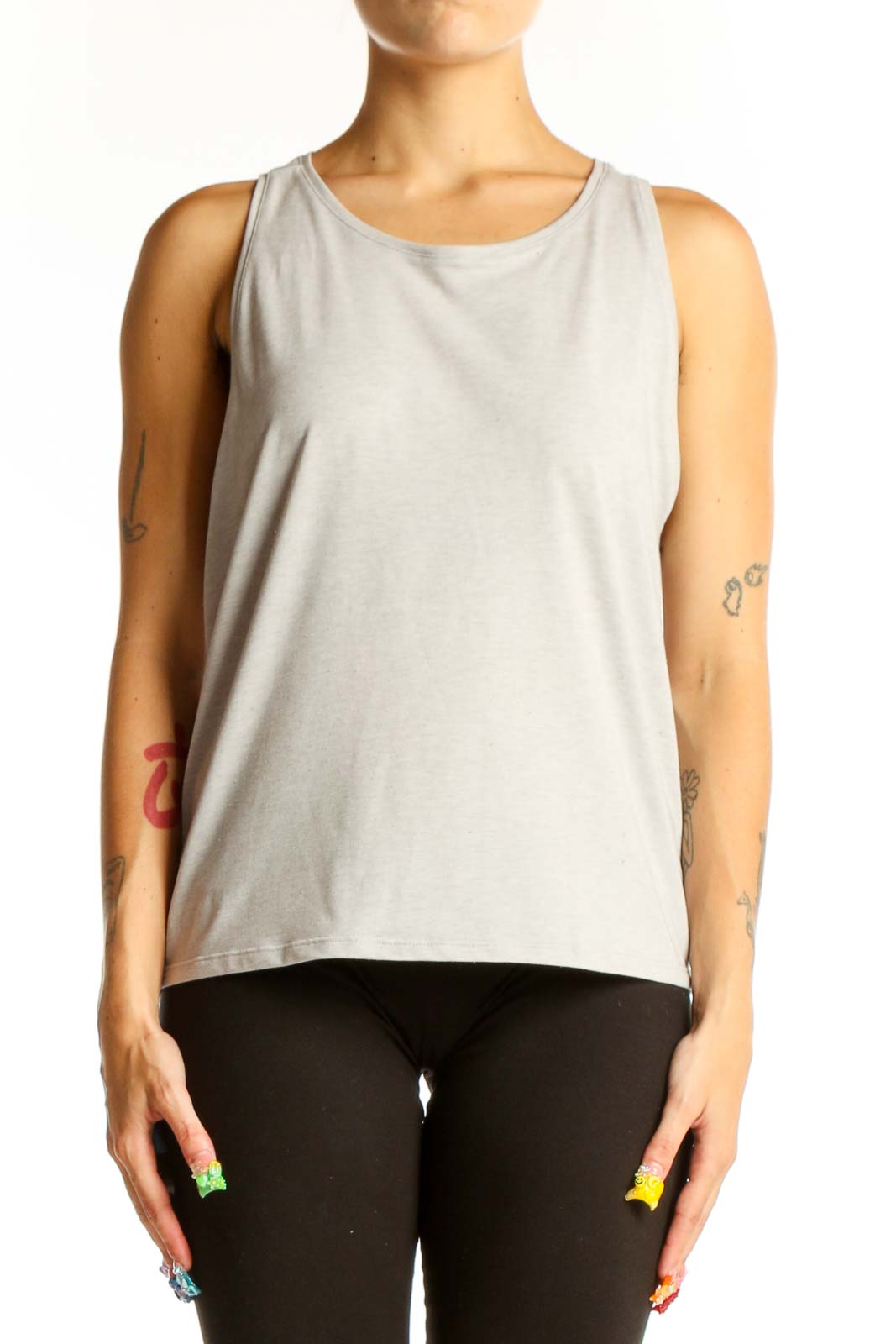 Front view of light gray cotton tank top from Outdoor Voices