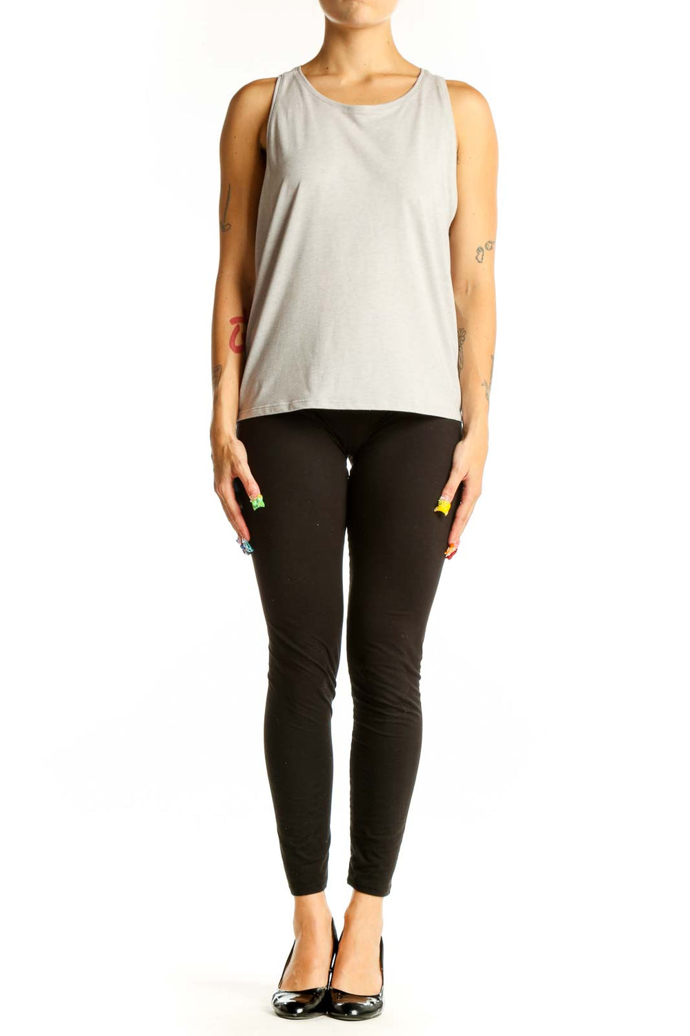 Front view of light gray cotton tank top from Outdoor Voices