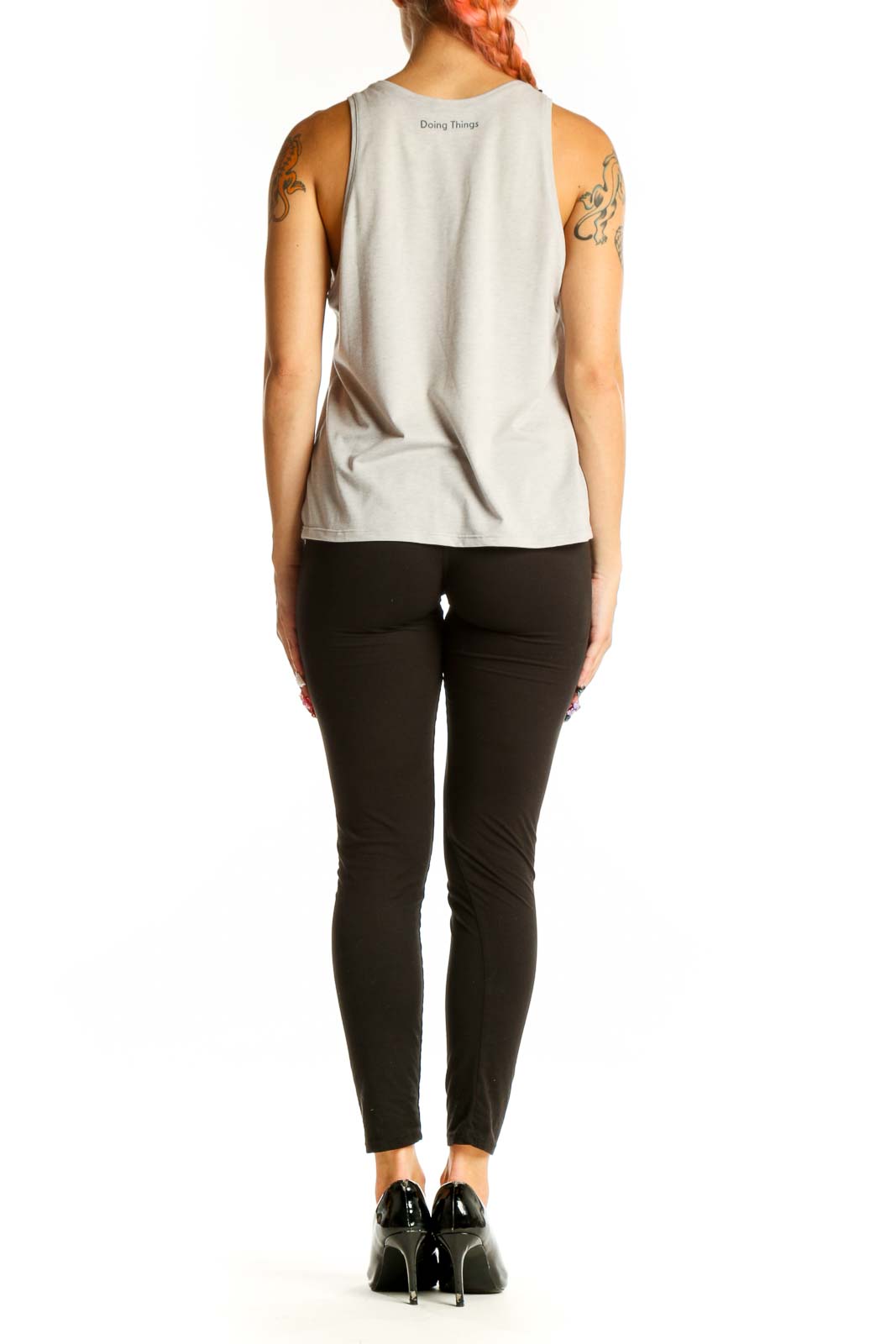 Side view of light gray cotton tank top from Outdoor Voices on model