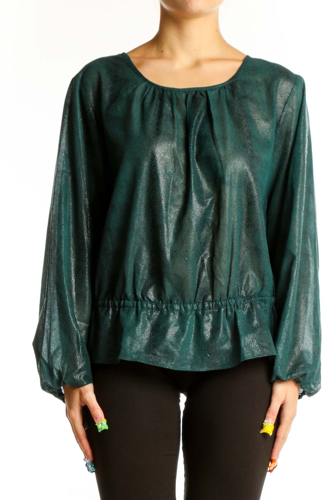 Front view of Rachel Roy forest green shimmery linen blouse with gathered neckline