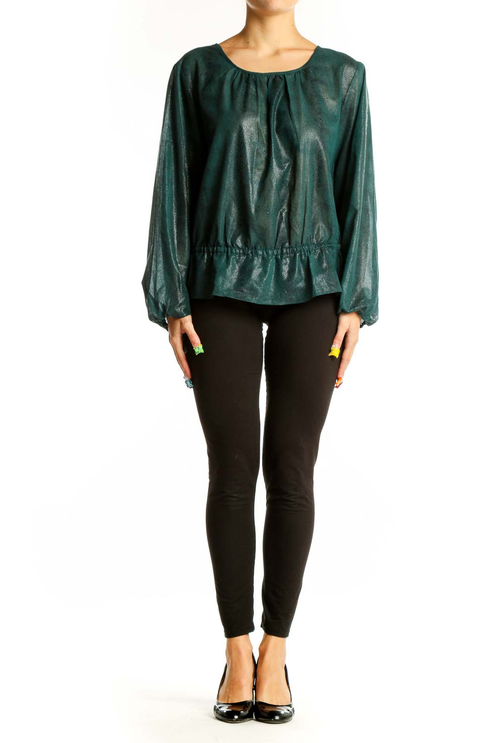 Front view of Rachel Roy forest green shimmery linen blouse with gathered neckline
