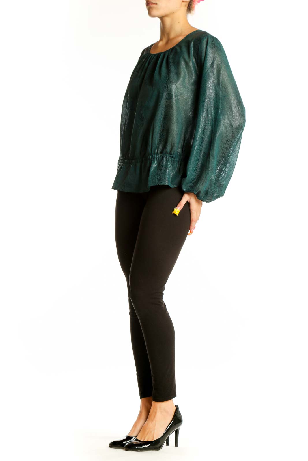 Front view of Rachel Roy forest green shimmery linen blouse with gathered neckline