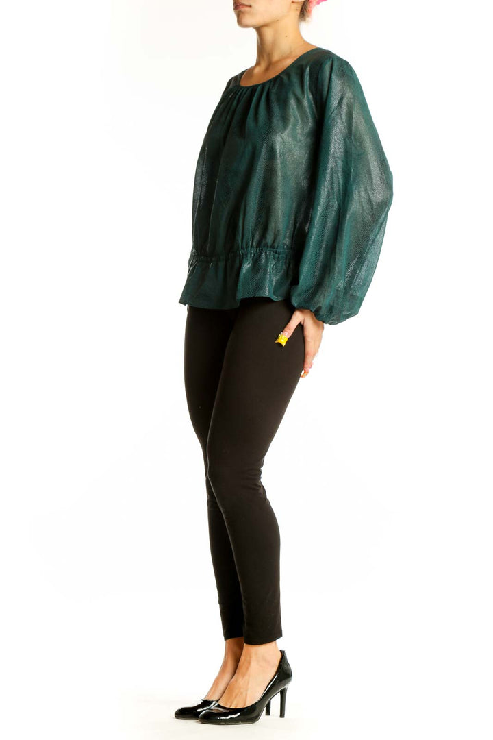 Front view of Rachel Roy forest green shimmery linen blouse with gathered neckline