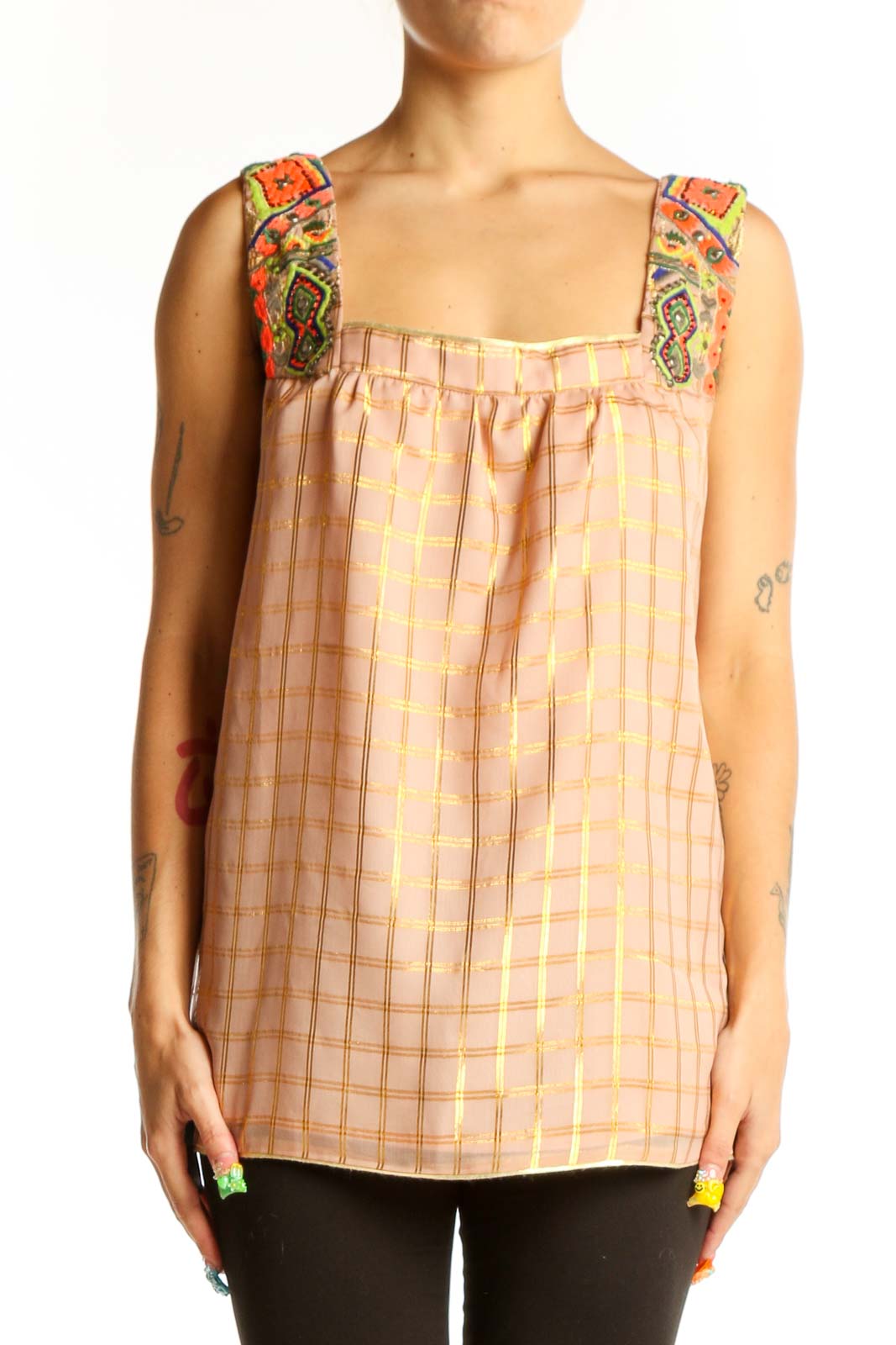 Front view of Vineet Bahl pink plaid sleeveless top with embroidered straps