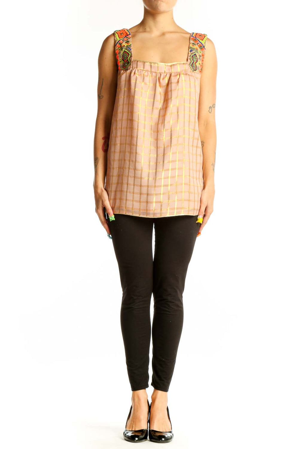 Front view of Vineet Bahl pink plaid sleeveless top with embroidered straps
