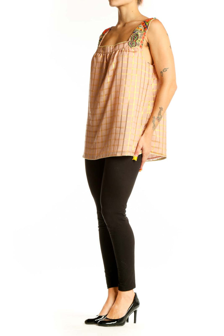 Front view of Vineet Bahl pink plaid sleeveless top with embroidered straps