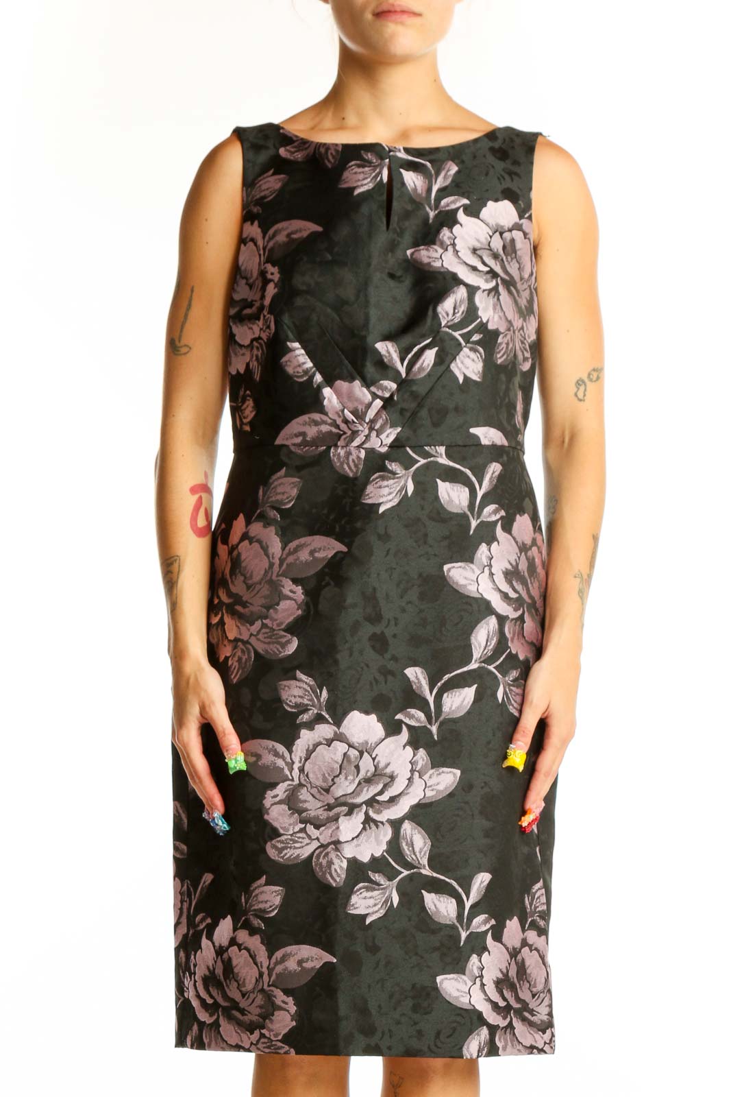 Front view of black Talbots cotton sheath dress with pink floral print