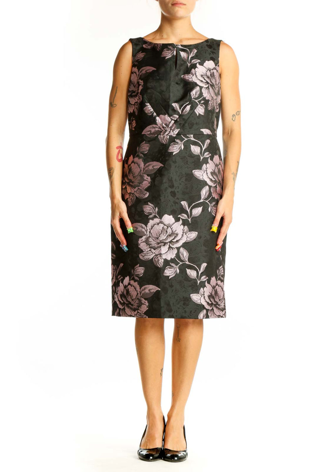 Front view of black Talbots cotton sheath dress with pink floral print