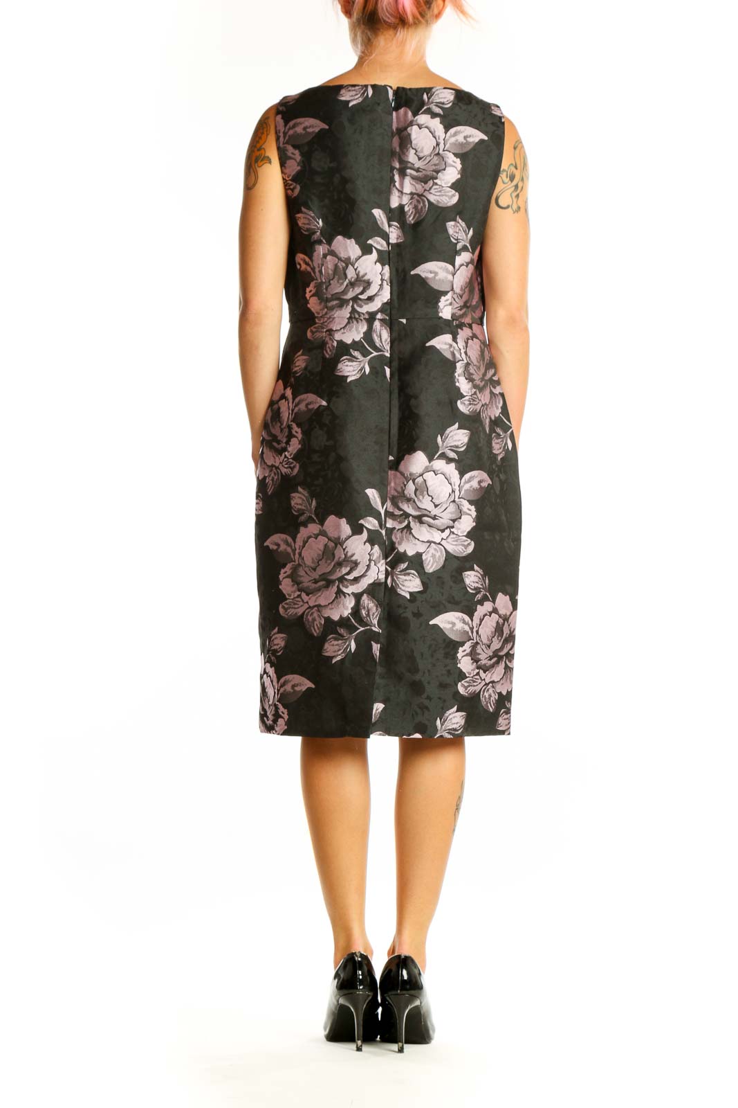 Side view of black Talbots cotton sheath dress showing floral pattern