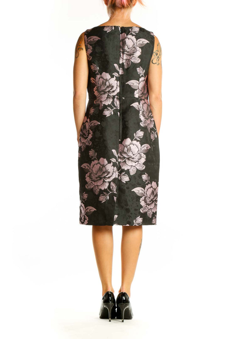 Side view of black Talbots cotton sheath dress showing floral pattern