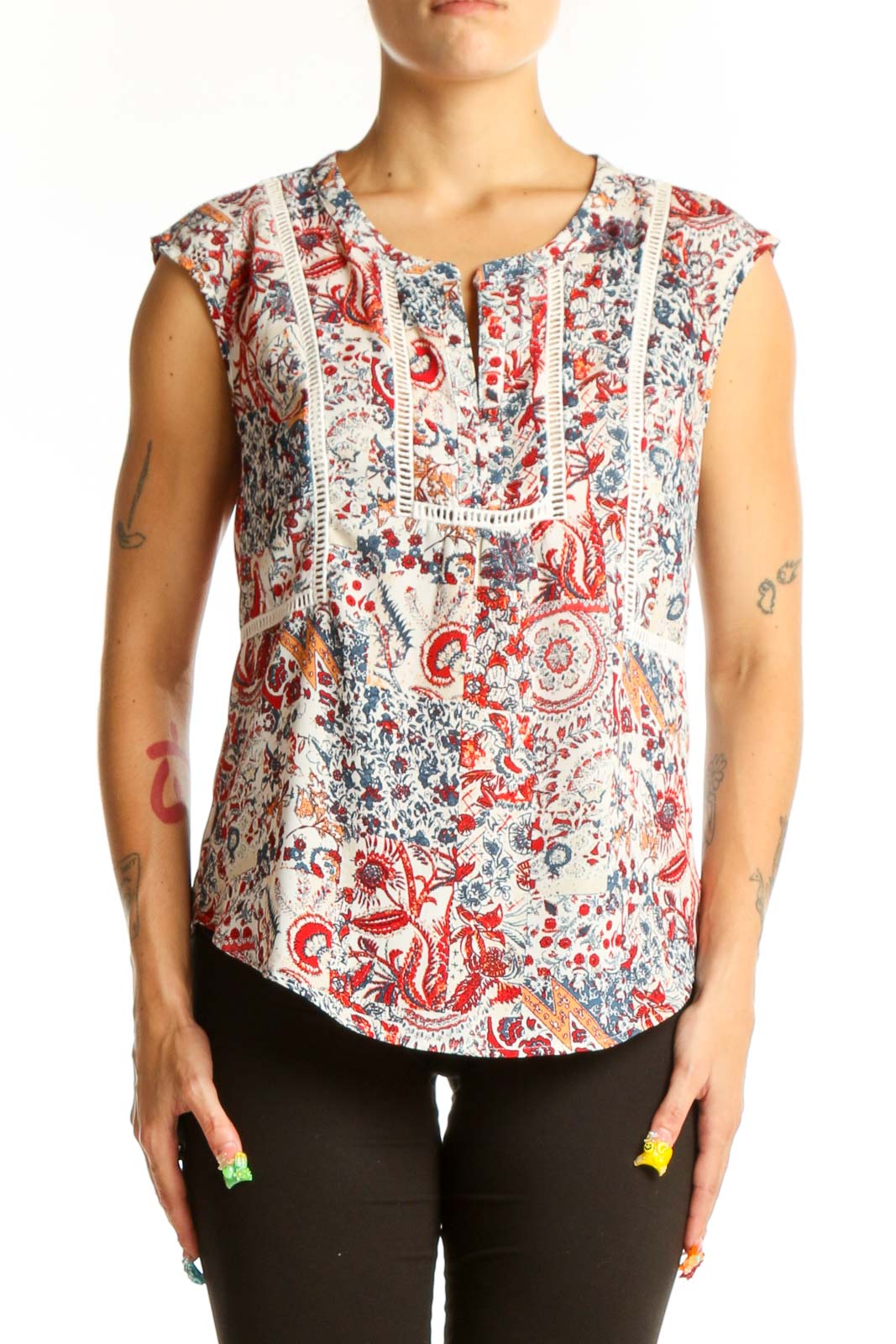 Front view of Daniel Rainn floral print sleeveless top with lace detailing