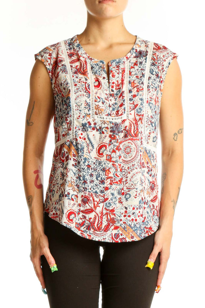 Front view of Daniel Rainn floral print sleeveless top with lace detailing
