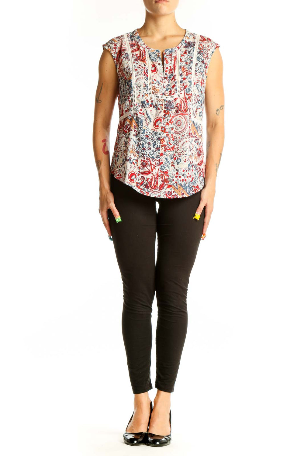 Front view of Daniel Rainn floral print sleeveless top with lace detailing