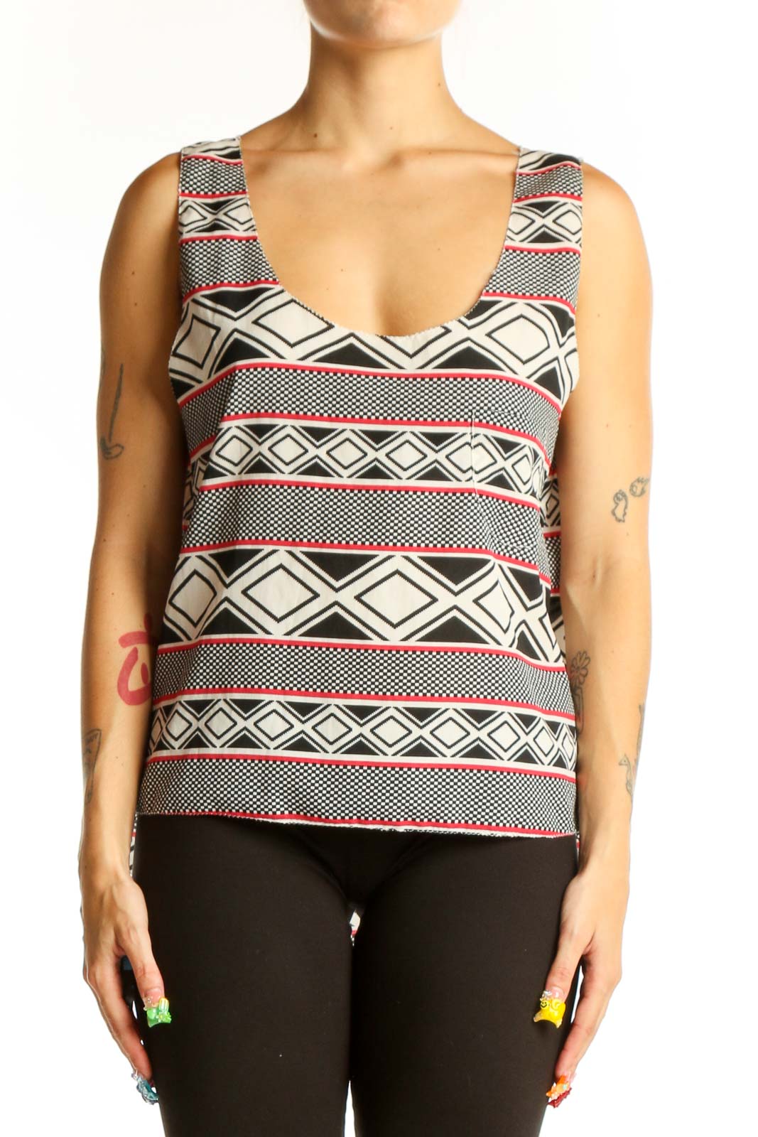 Front view of Aryn K black and white geometric print sleeveless top