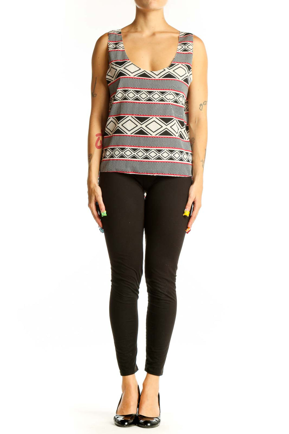 Front view of Aryn K black and white geometric print sleeveless top