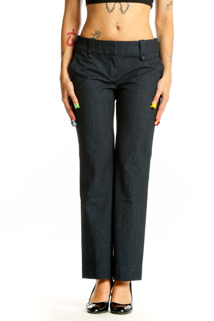 Front view of LOFT charcoal gray straight-leg trousers on model