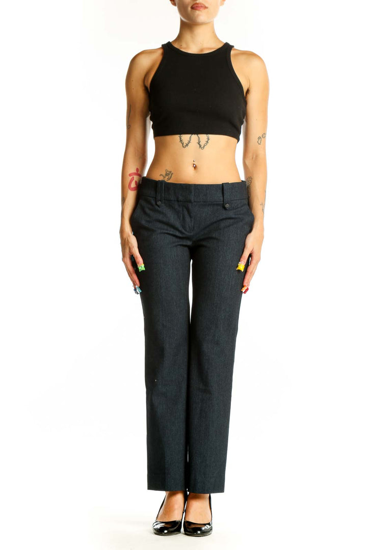 Front view of LOFT charcoal gray straight-leg trousers on model