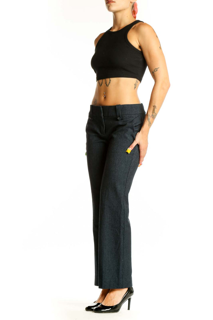 Front view of LOFT charcoal gray straight-leg trousers on model