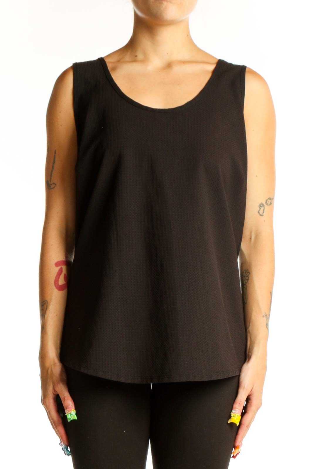 Front view of black sleeveless Harlowe & Graham tank top
