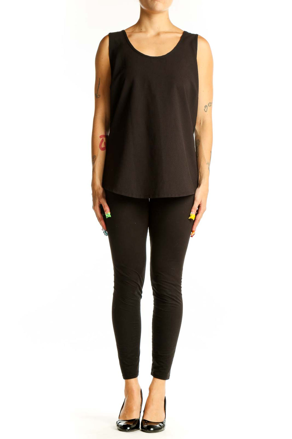 Front view of black sleeveless Harlowe & Graham tank top