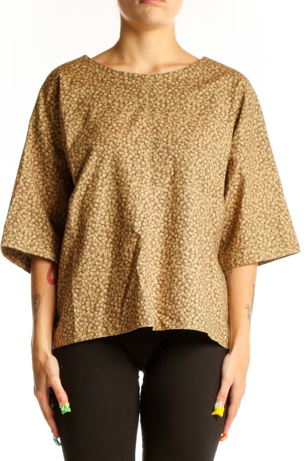 Front view of tan floral print oversized blouse by SilkRoll