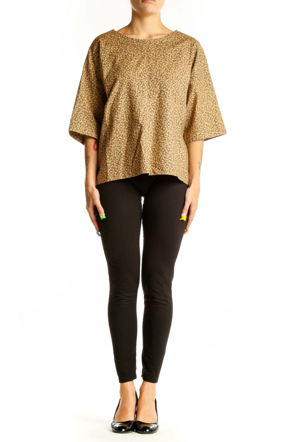 Front view of tan floral print oversized blouse by SilkRoll