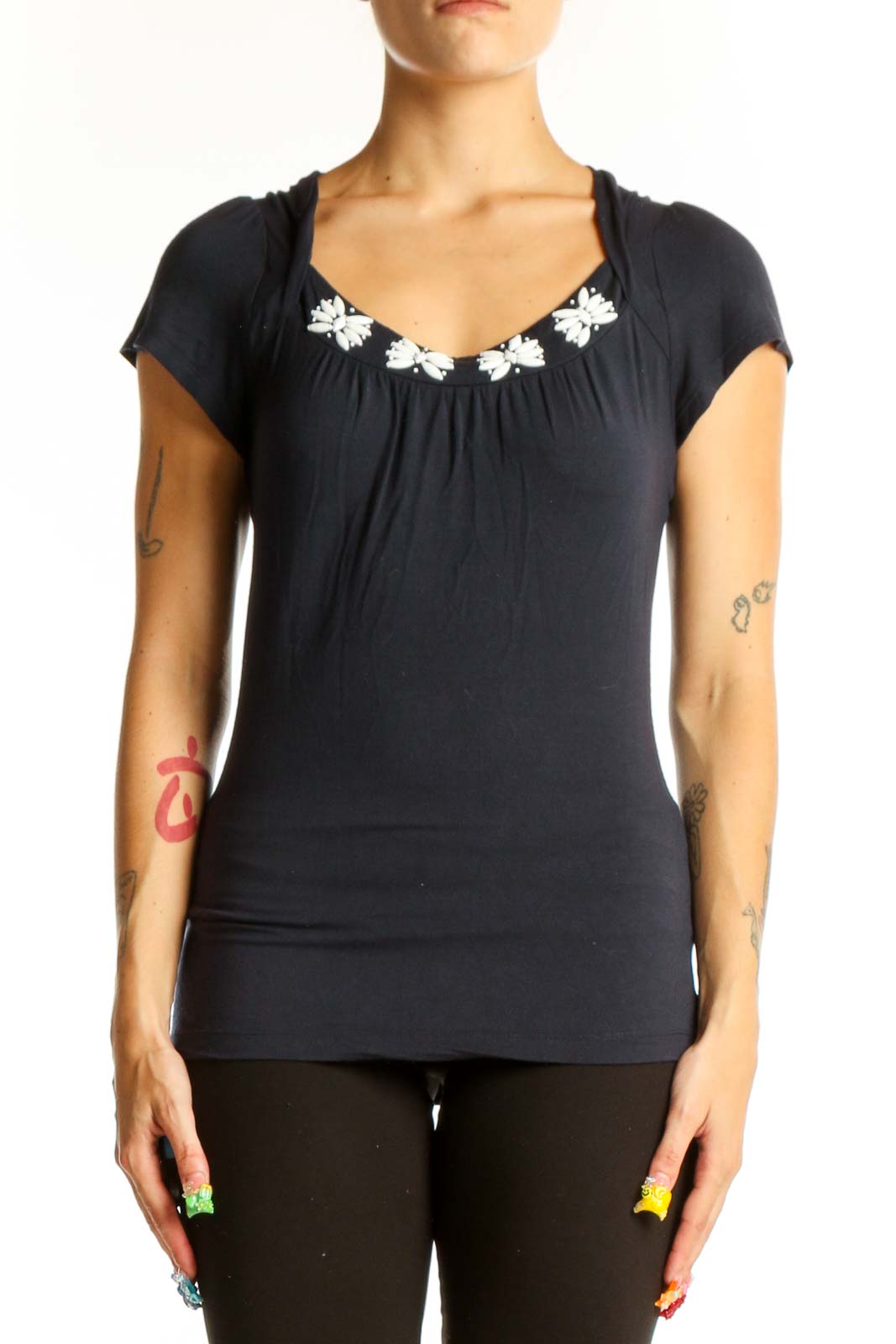 Front view of LOFT black cotton top with embellished neckline